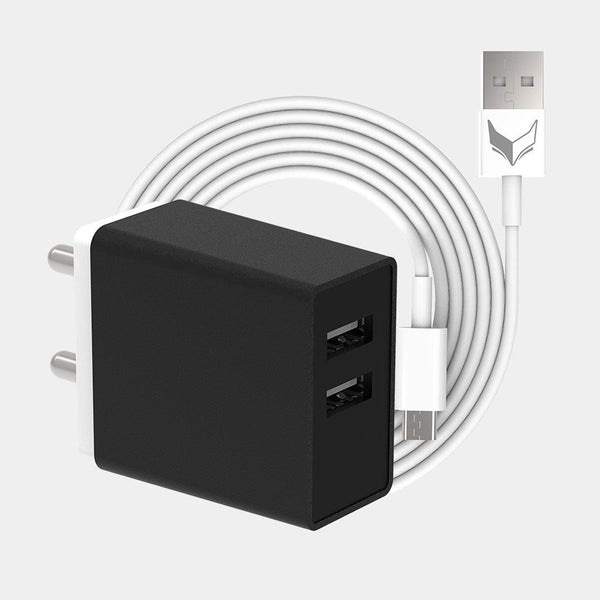 VoxForth's BIS certified black 3.1A Smart Charger with dual ports and a 1metre Micro USB cable.