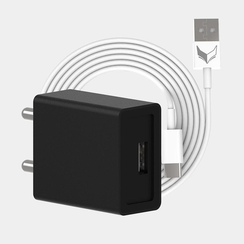 VoxForth's BIS certified black 2A Essential Charger with a single port and a 1metre TypeC cable.