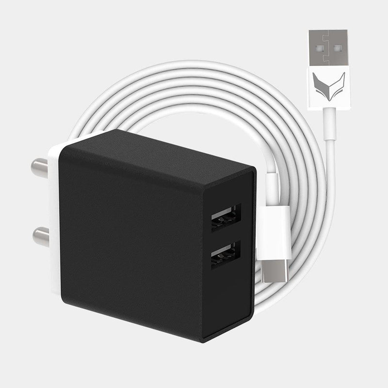 VoxForth's BIS certified black 3.1A Smart Charger with dual ports and a 1metre TypeC cable.