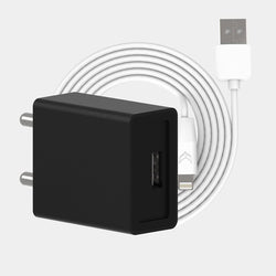 VoxForth's BIS certified black 2A Essential Charger with a single port and a 1metre Lightning cable.
