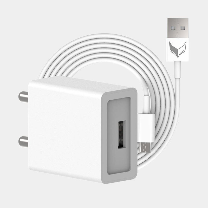 VoxForth's BIS certified white 2A Essential Charger with a single port and a 1metre Micro USB cable.