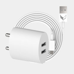 VoxForth's BIS certified white 2.1A Dual Charger- Oval with dual ports and a 1metre Micro USB cable.