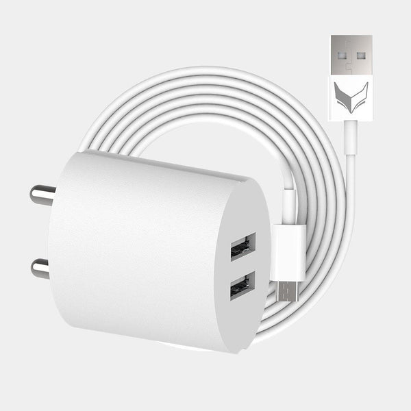 VoxForth's BIS certified white 2.1A Dual Charger- Oval with dual ports and a 1metre Micro USB cable.
