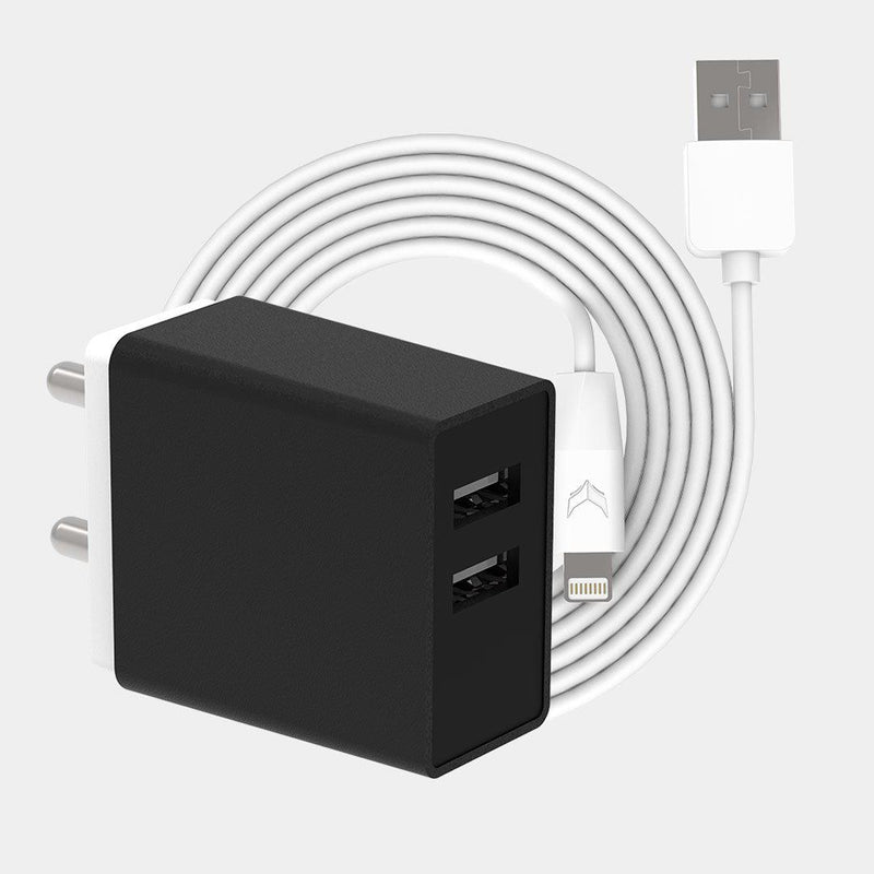 VoxForth's BIS certified black 3.1A Smart Charger with dual ports and a 1metre Lightning cable.