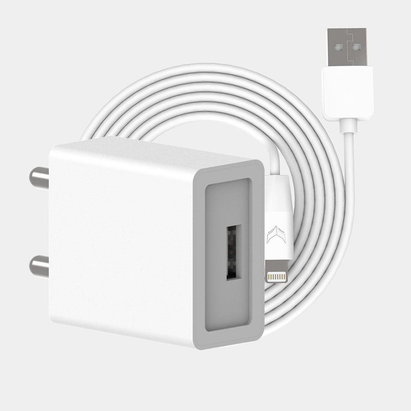VoxForth's BIS certified white 2A Essential Charger with a single port and a 1metre Lightning cable.