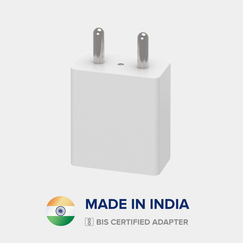 Front view of VoxForth's BIS certified white 2A Essential Charger made in India.