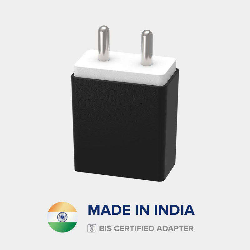 Front view of VoxForth's BIS certified black 3.1A Smart Charger made in India.