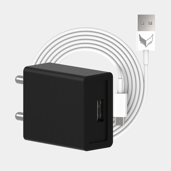 VoxForth's BIS certified black 2A Essential Charger with a single port and a 1metre Micro USB cable.