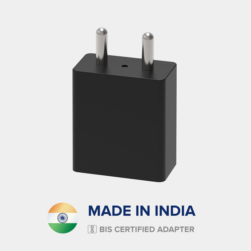 Front view of VoxForth's BIS certified black 2A Essential Charger made in India.